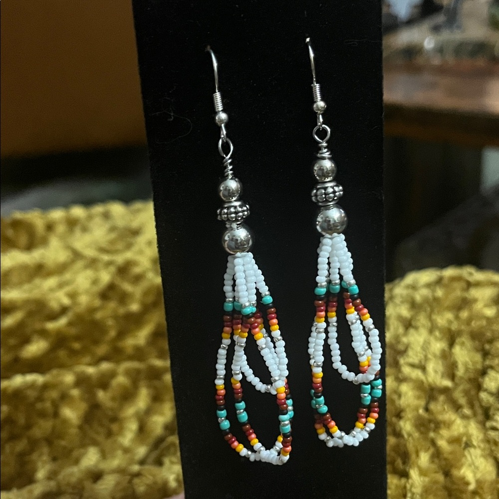 Silver Beaded Multicolor Dangle Earrings